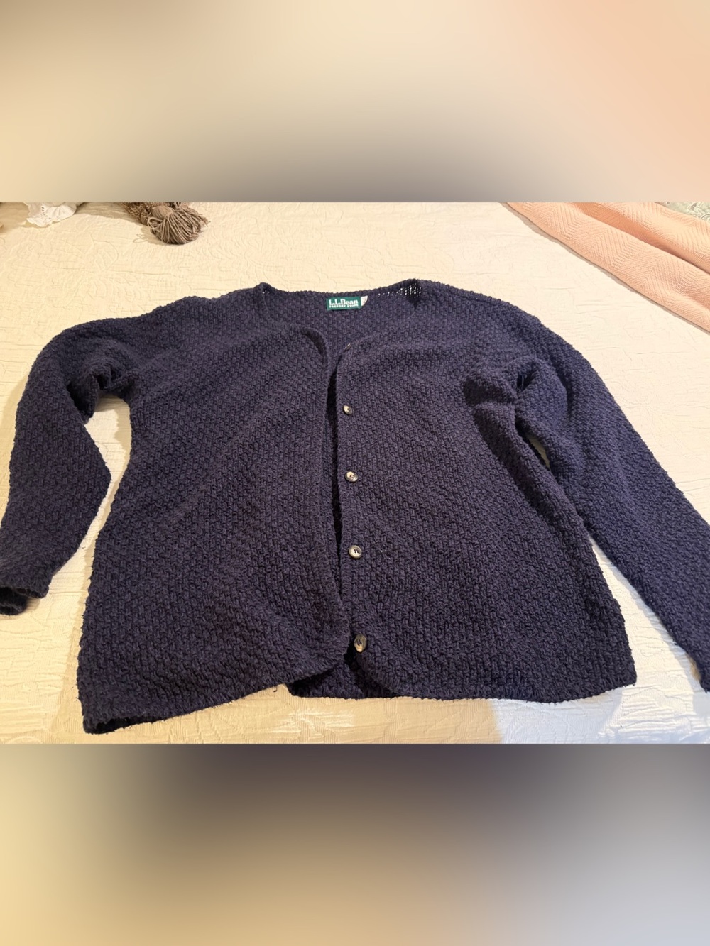 L.L. Bean Women's Navy Seed-Stitch Button-Front Cardigan